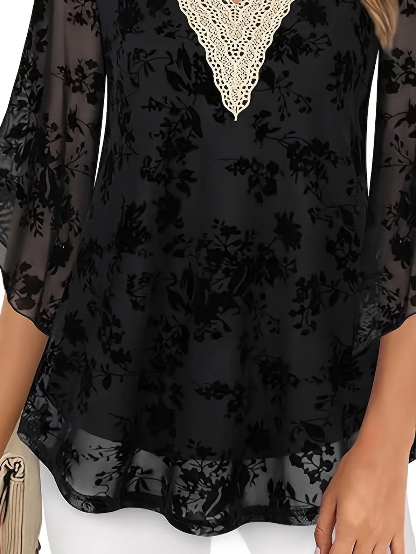 Print Top Plus Size Floral V Neck 3/4 Sleeve