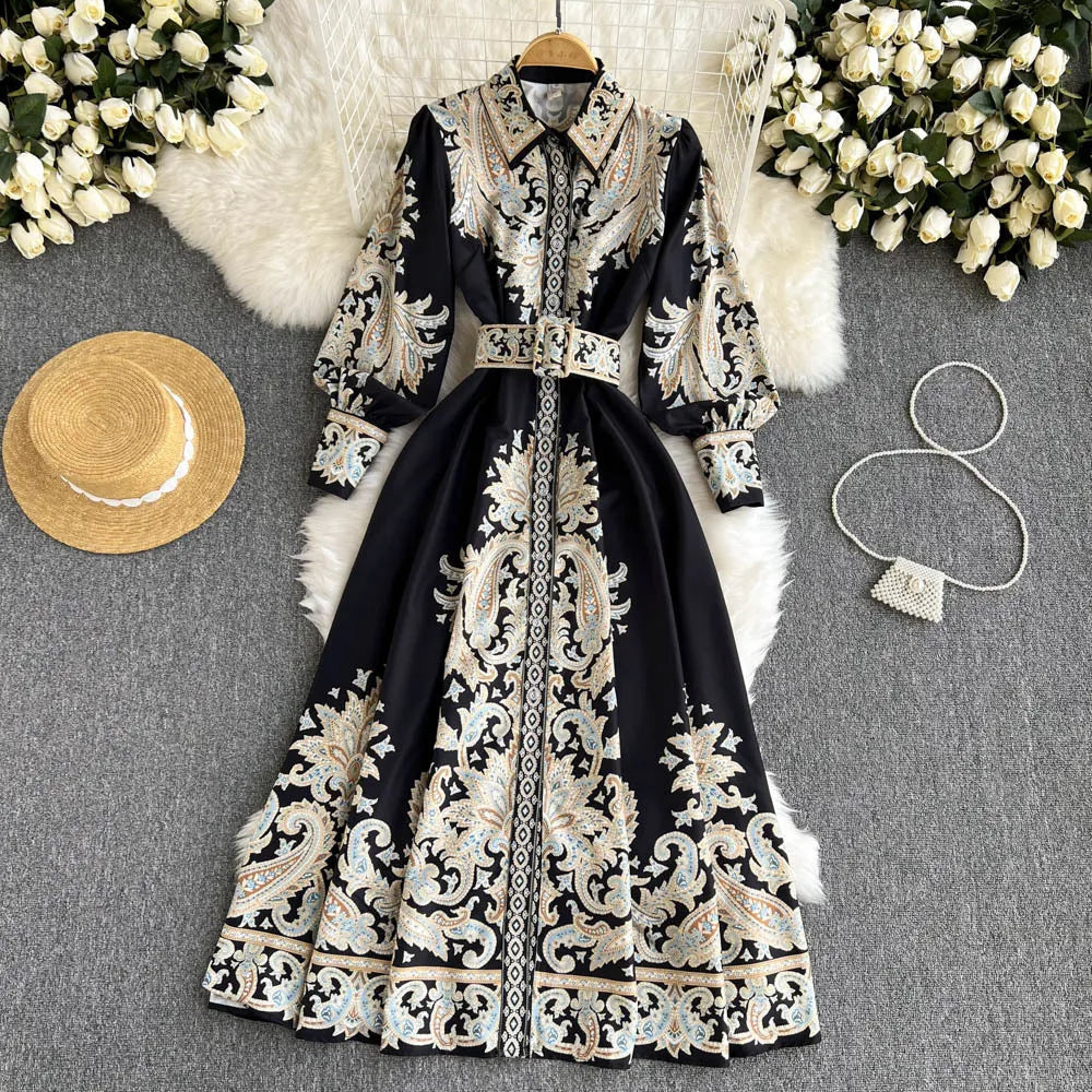 Printed Party Dress Women Polo Collar Long Sleeve