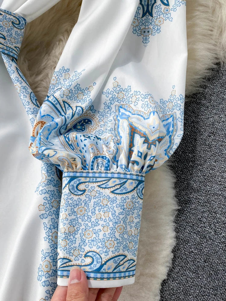 Printed Party Dress Women Polo Collar Long Sleeve