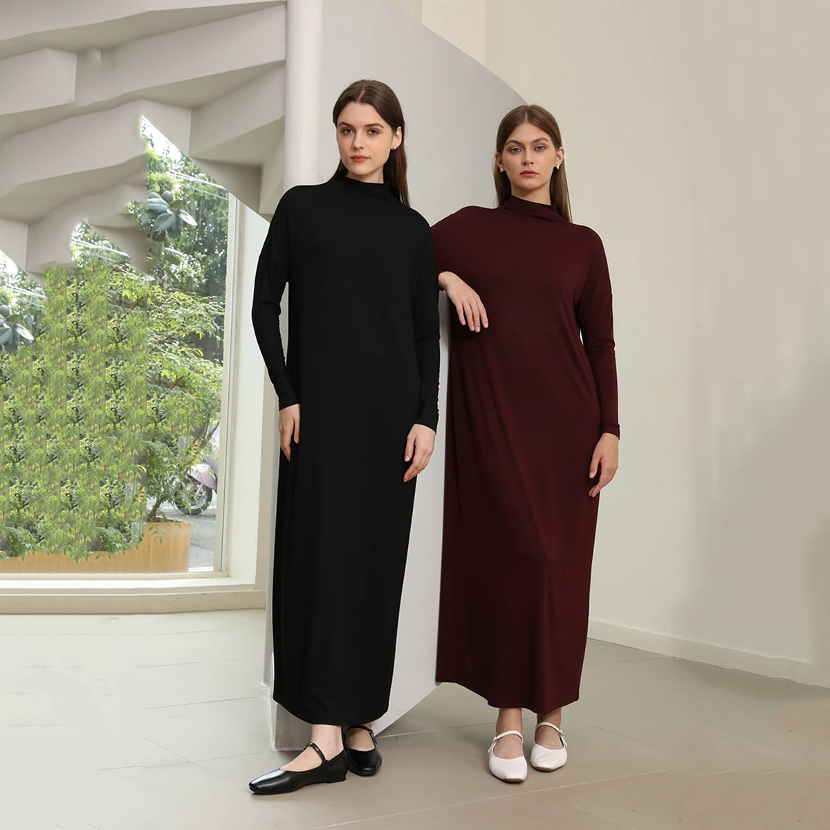 Women Autumn Modal Maxi Dress Batwing Sleeve Soft and Elegant