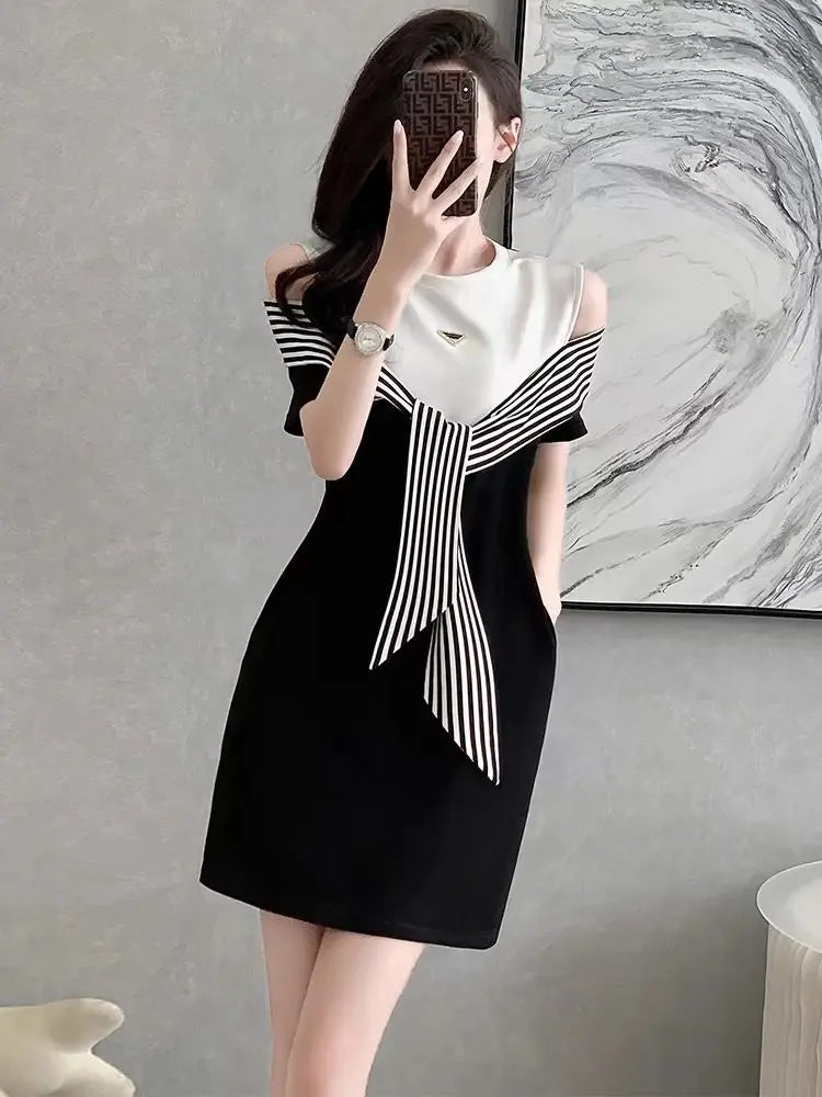 French Style Two Off Shoulder Round Neck T-shirt Dress
