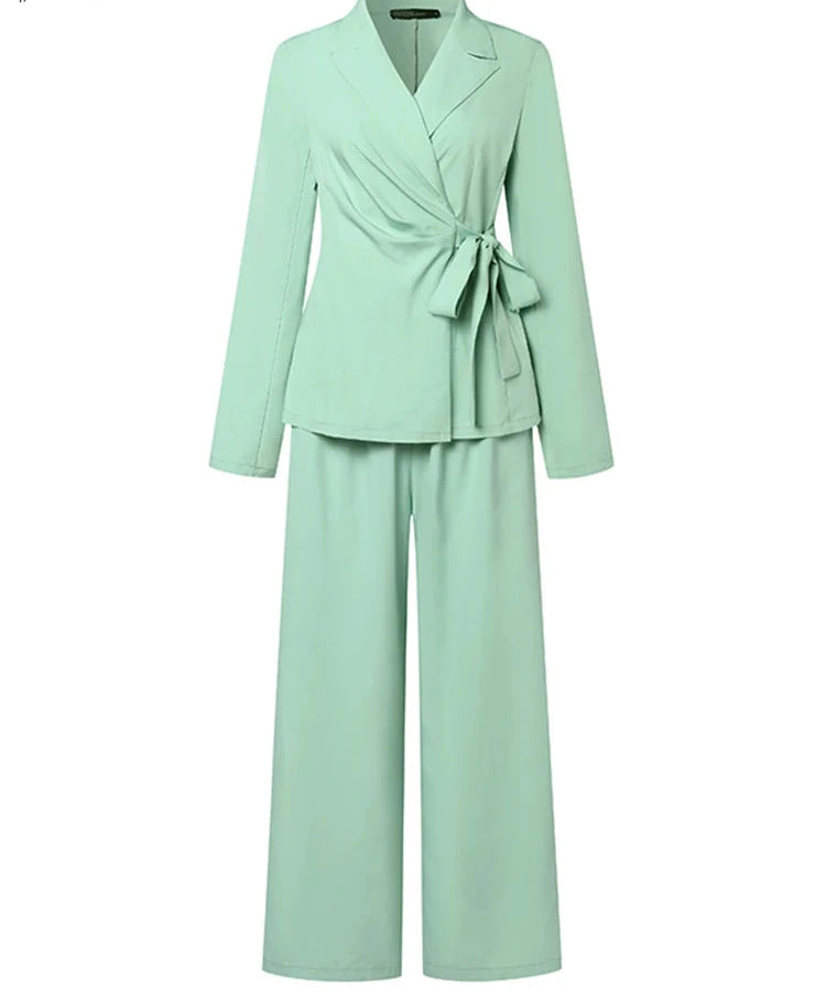 Fashion OL Tracksuits 2PCS Long Sleeve Lapel Neck Blazer Wide Leg Pant