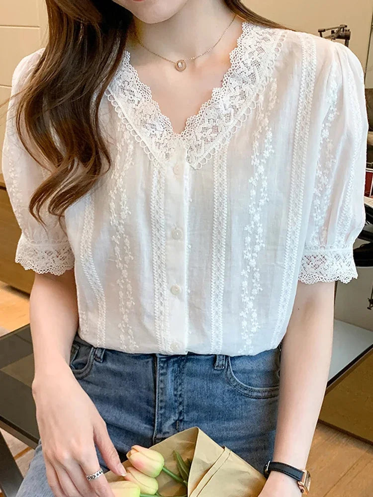 Women's Short Sleeve White Shirt V-Neck