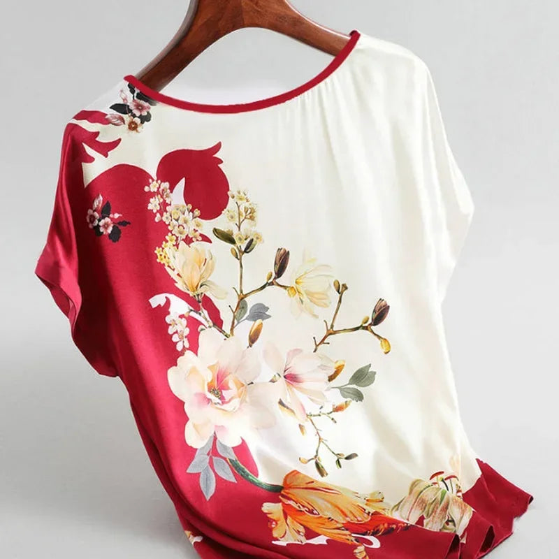 Women Plus Size Silk Floral Printing Shirt Tops