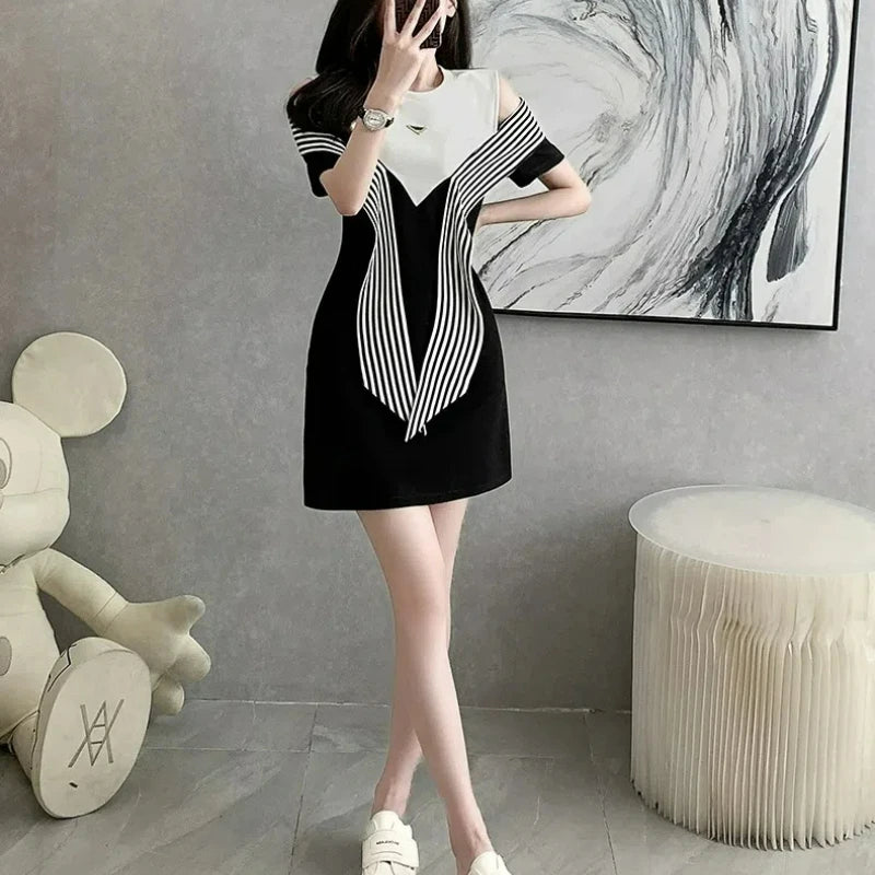 French Style Two Off Shoulder Round Neck T-shirt Dress