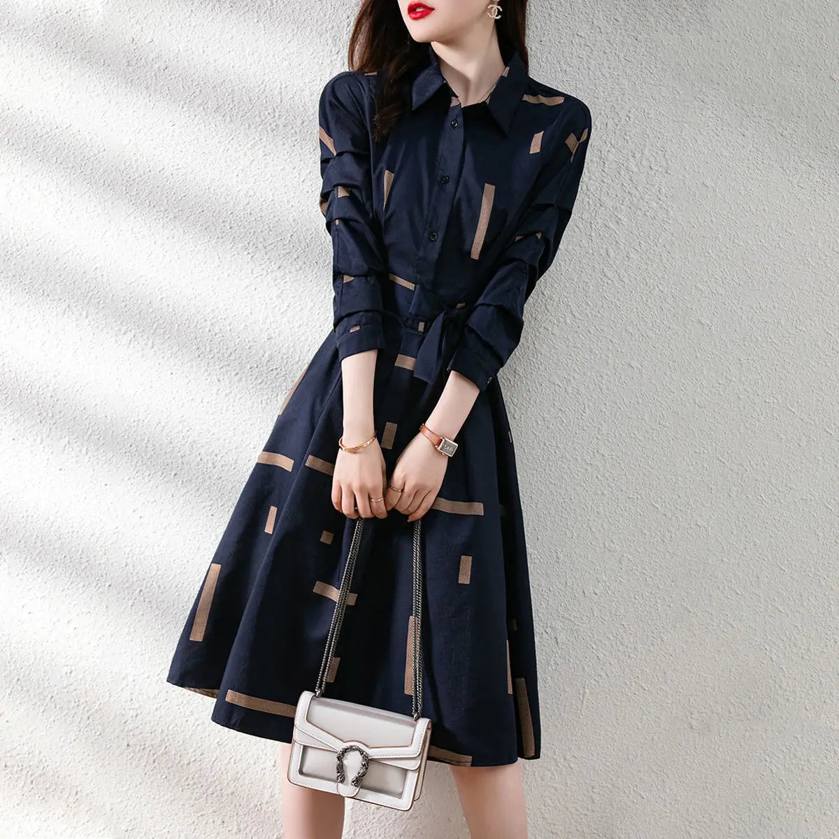 Printed Belt Dresses Spring Long Sleeve Polo-neck