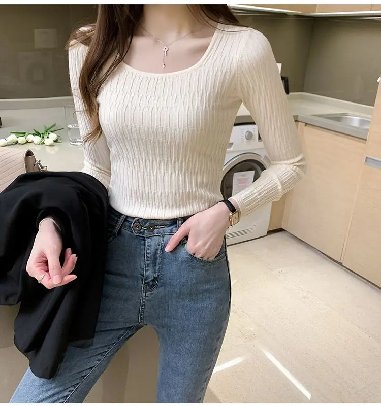Women Square Collar Solid Bottoming Sweater Long Sleeve