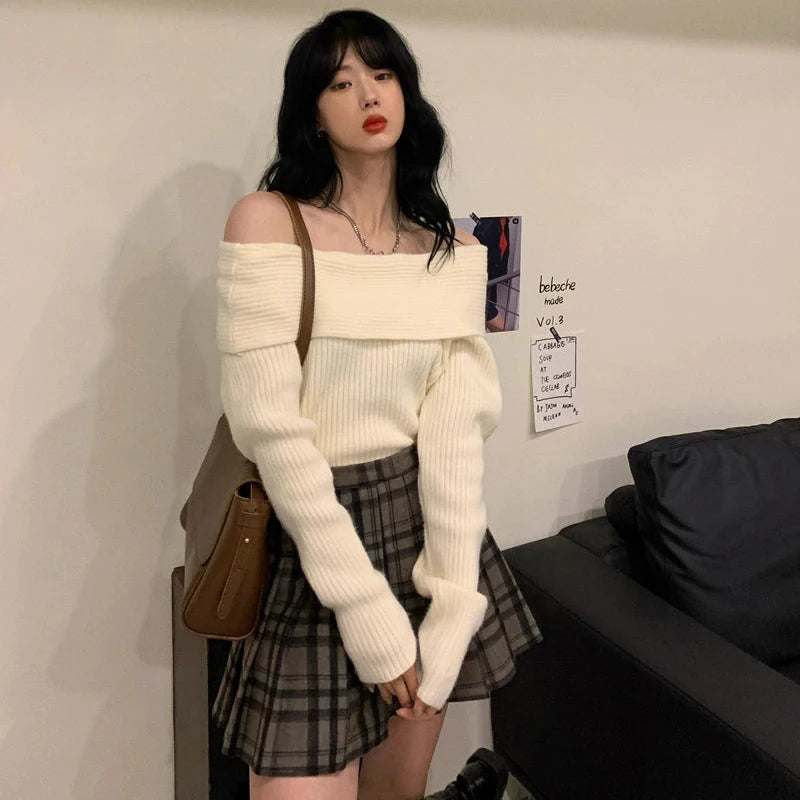 Slant Neck Knitted Sweater Women Apricot Sexy Off Shoulder Long Sleeve