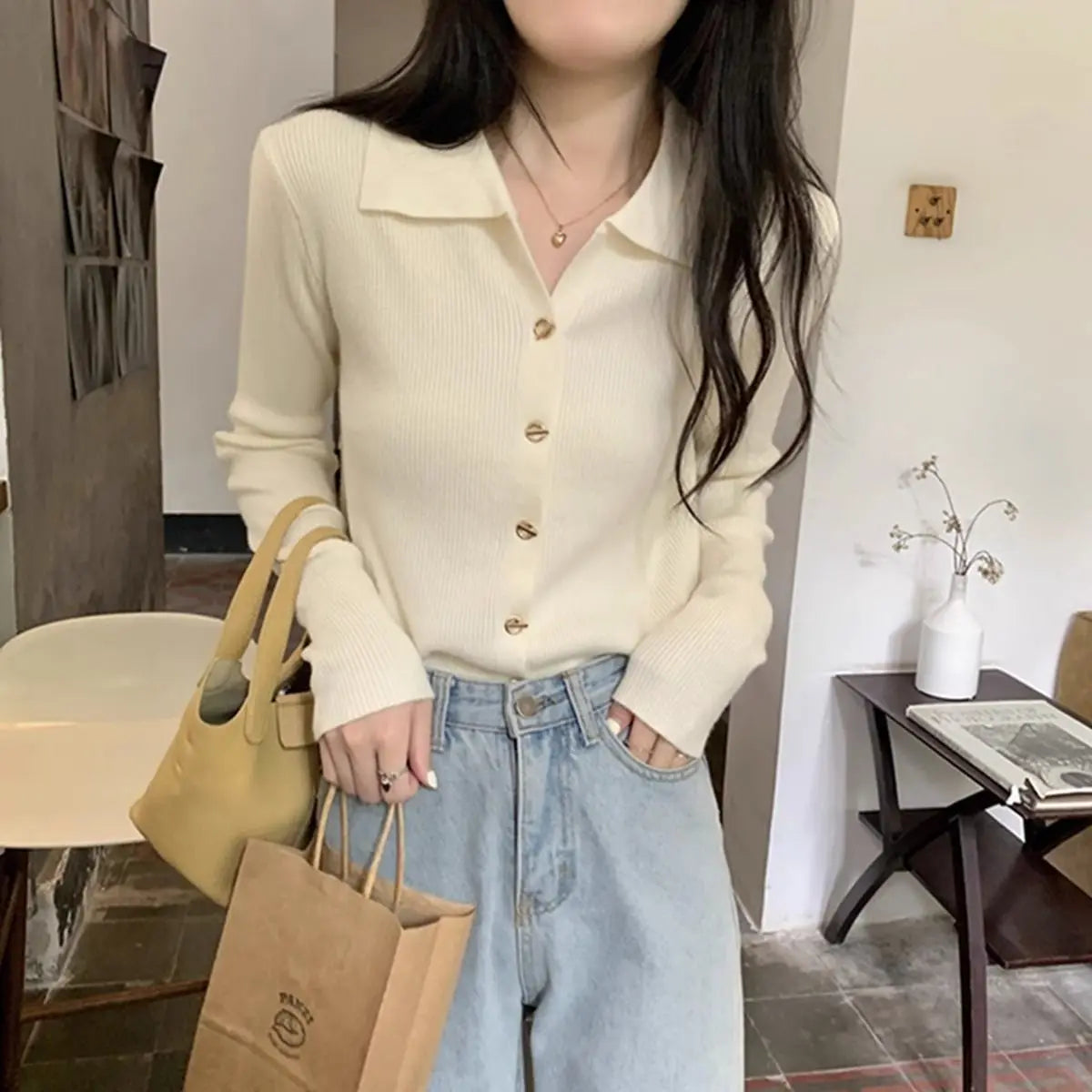 Women Clothing Autumn Elegant Fashion Turn-down Collar Long Sleeve Sweater