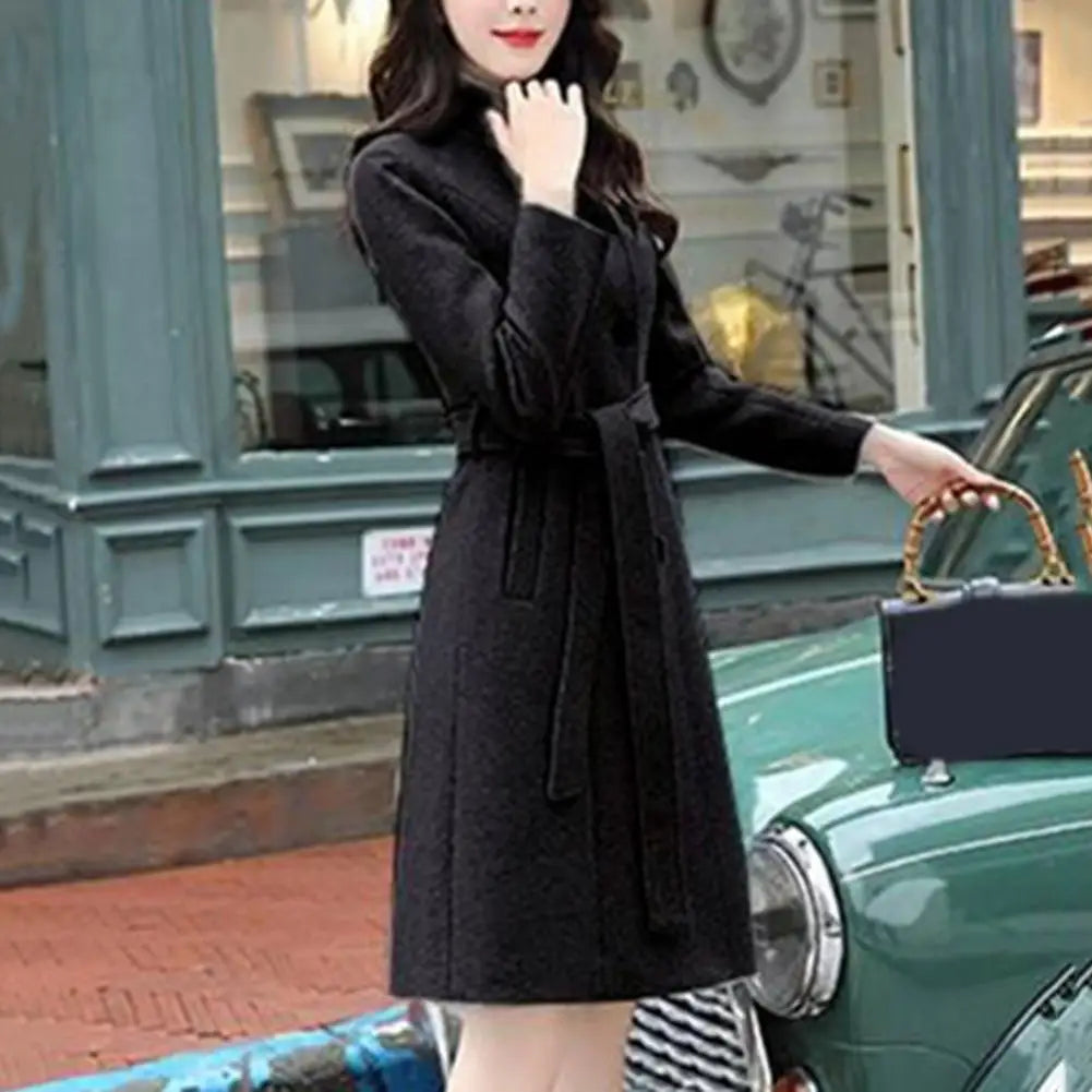 Women Woolen Coat Mid Length Stand Collar Trench Coat