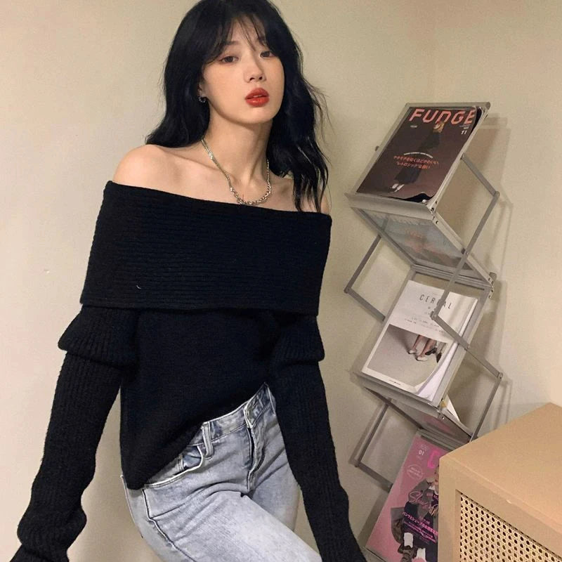 Slant Neck Knitted Sweater Women Apricot Sexy Off Shoulder Long Sleeve