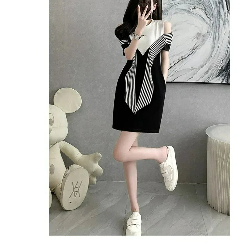 French Style Two Off Shoulder Round Neck T-shirt Dress