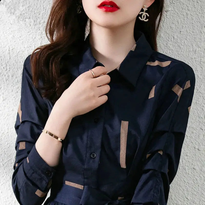 Printed Belt Dresses Spring Long Sleeve Polo-neck