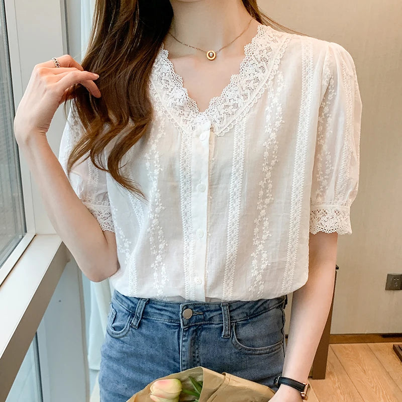 Women's Short Sleeve White Shirt V-Neck
