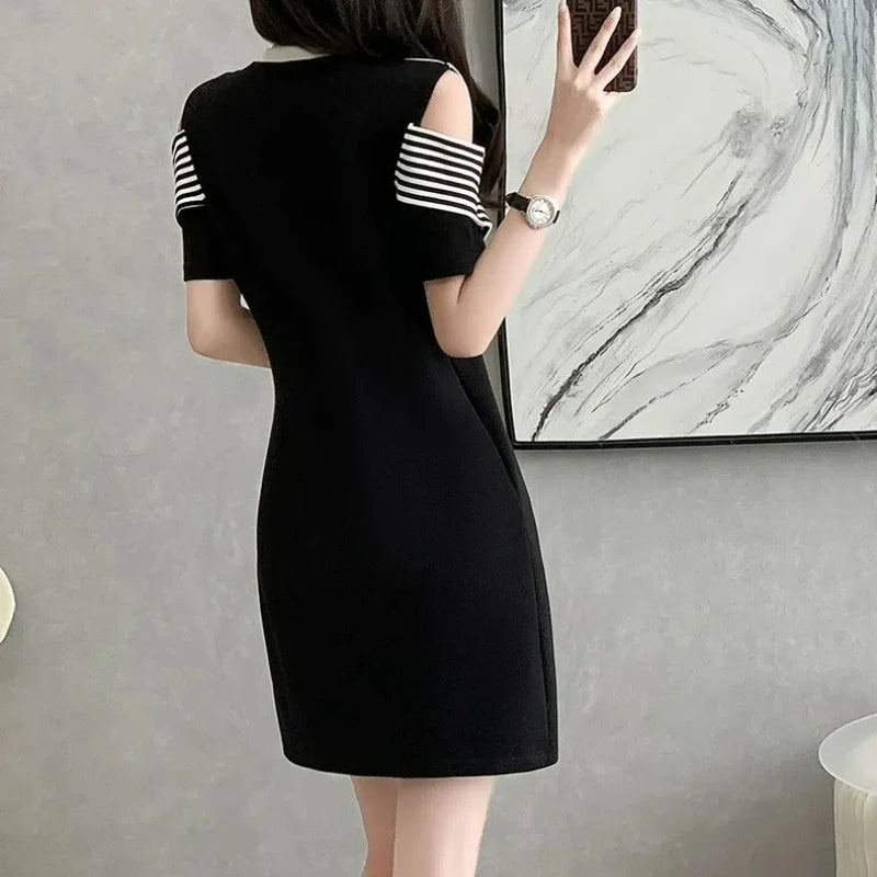 French Style Two Off Shoulder Round Neck T-shirt Dress
