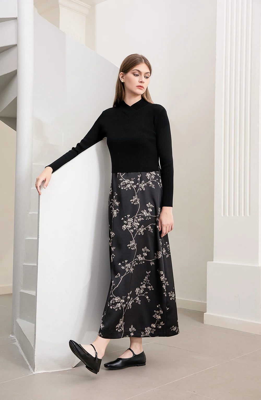 Women Autumn New Floral Printing Satin Dress