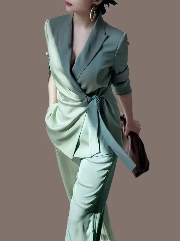 Fashion OL Tracksuits 2PCS Long Sleeve Lapel Neck Blazer Wide Leg Pant