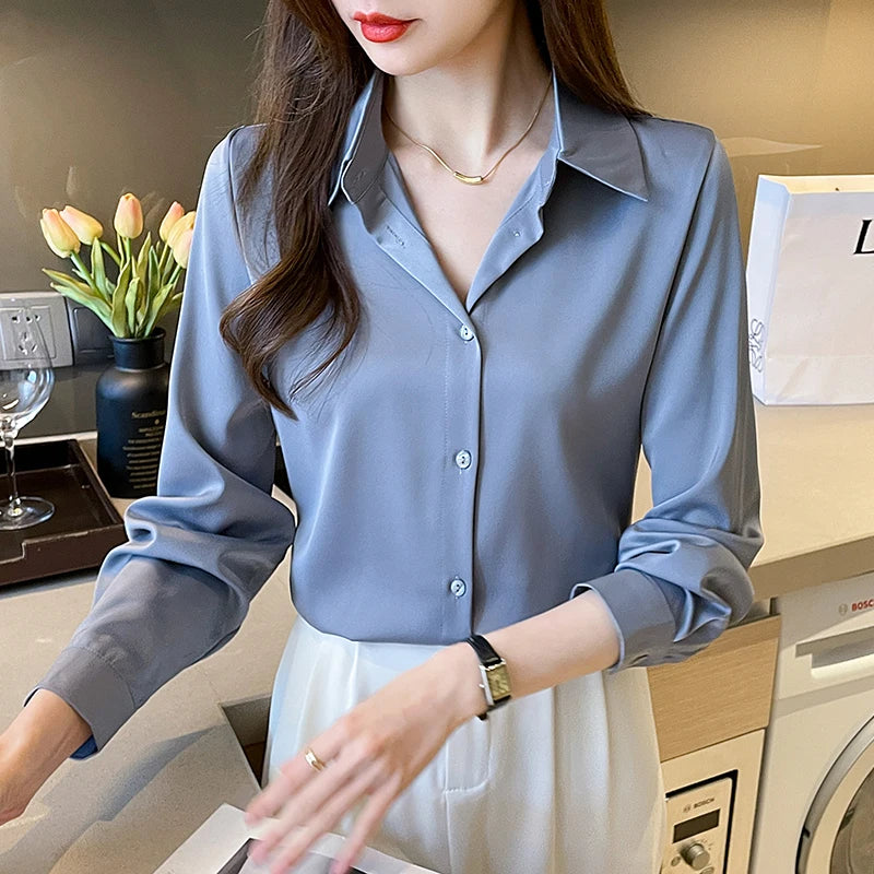 New Fashion Elegant Satin shirts solid color
