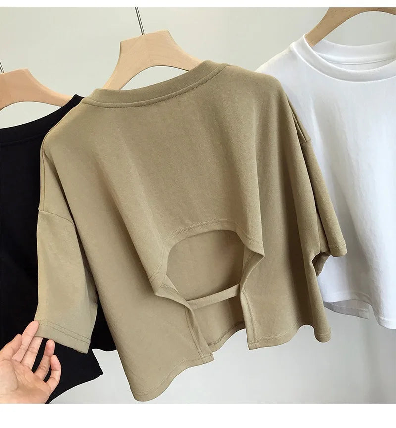 Sexy Backless Short O-Neck Casual Solid Color T-Shirt Short Sleeve