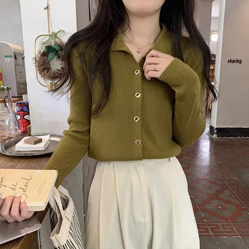 Women Clothing Autumn Elegant Fashion Turn-down Collar Long Sleeve Sweater