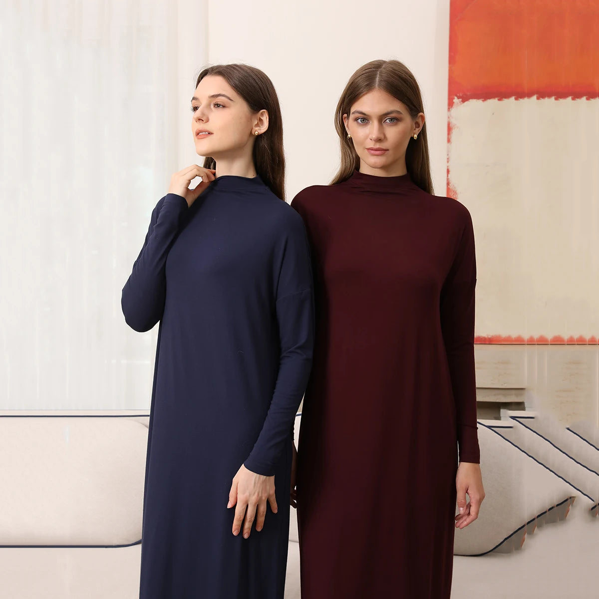 Women Autumn Modal Maxi Dress Batwing Sleeve Soft and Elegant