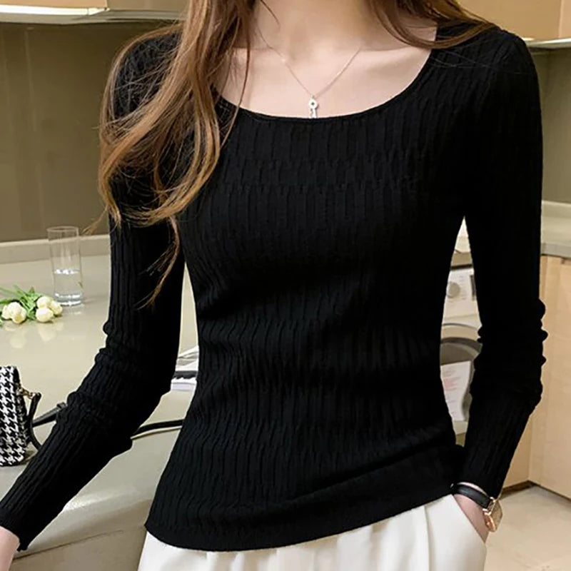 Women Square Collar Solid Bottoming Sweater Long Sleeve