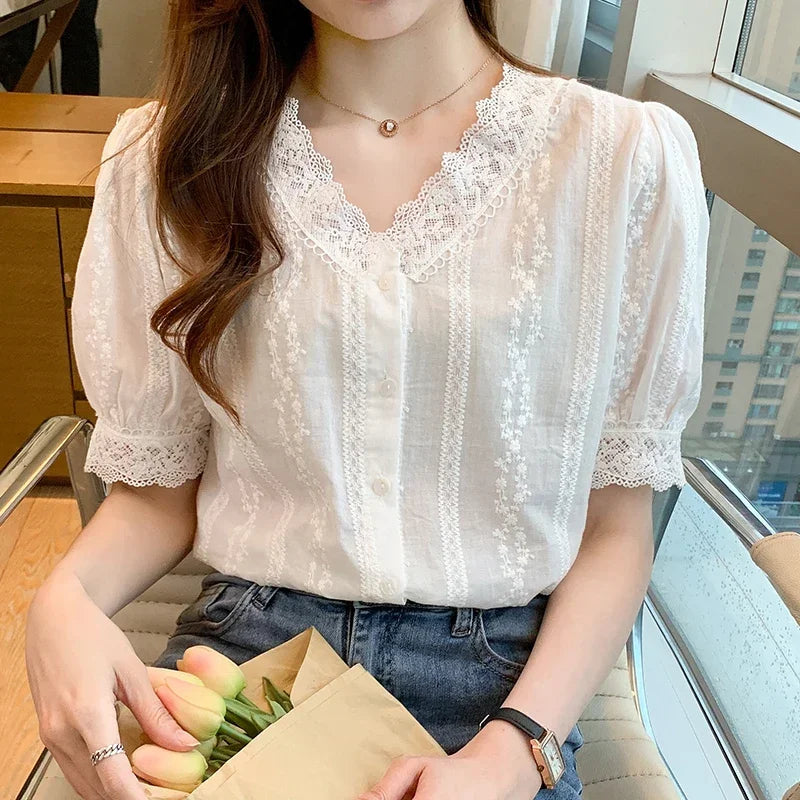 Women's Short Sleeve White Shirt V-Neck