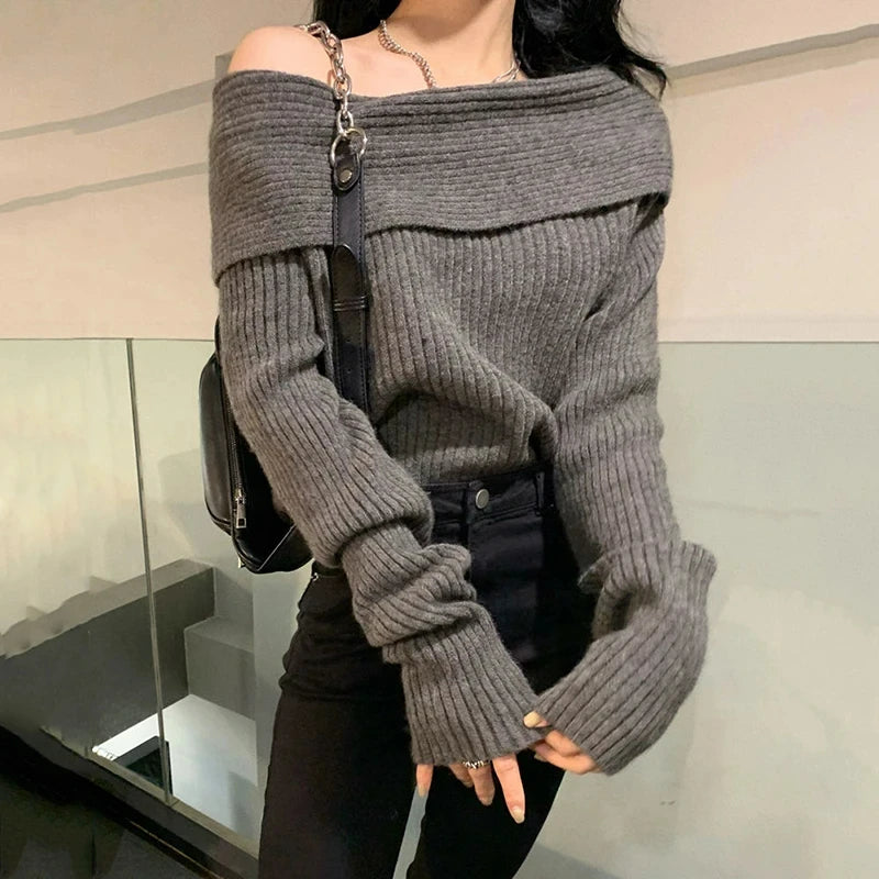 Slant Neck Knitted Sweater Women Apricot Sexy Off Shoulder Long Sleeve