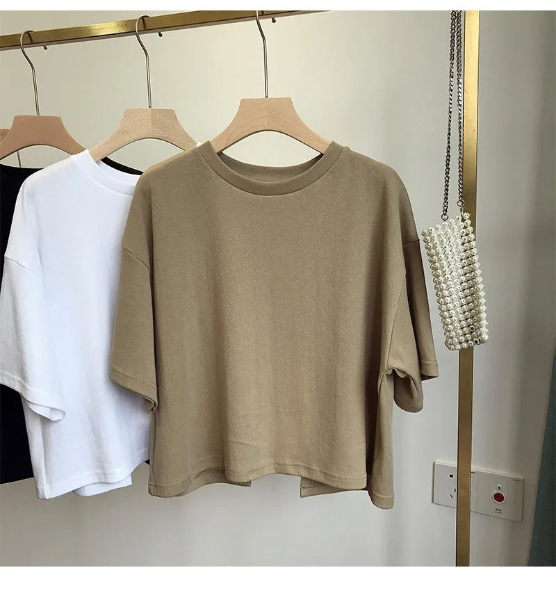 Sexy Backless Short O-Neck Casual Solid Color T-Shirt Short Sleeve