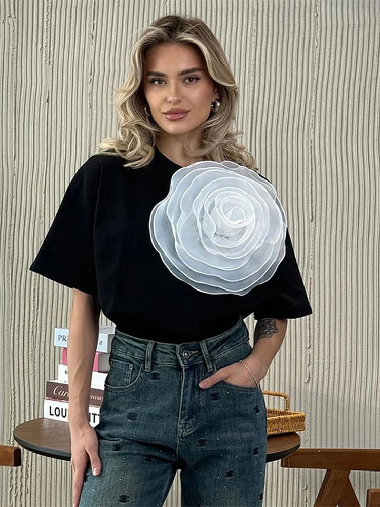 Women's 3D Beaded Flowers T-Shirt