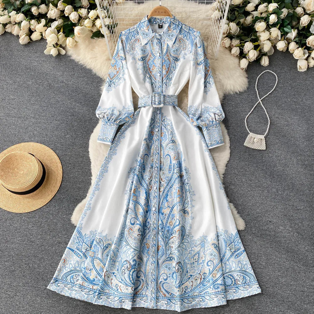Printed Party Dress Women Polo Collar Long Sleeve