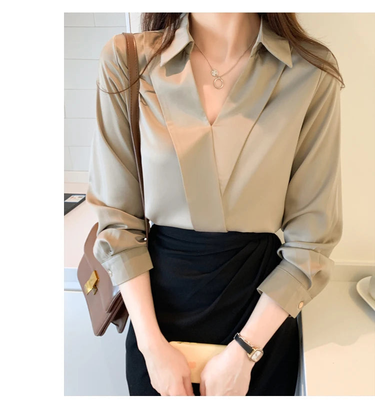 Spring Fashion Solid V-neck Chiffon Shirt Top