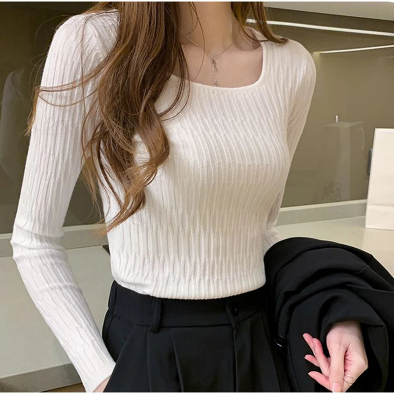 Women Square Collar Solid Bottoming Sweater Long Sleeve