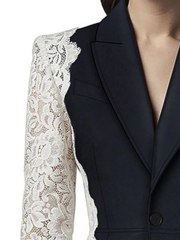 New Blazer Fashion Notched Lace Patchwork Long Sleeve Contrast Suit
