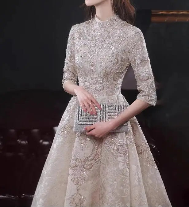 High Neck A-Line Long Wedding Celebrity Luxury Champagne Prom Dresses Half Sleeves