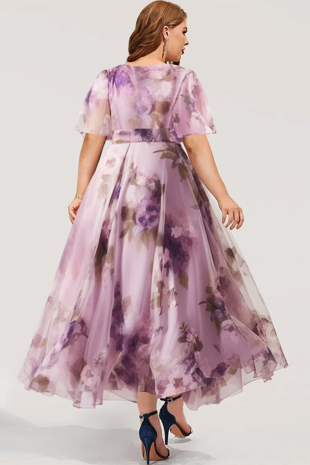 Women's Floral Dress Plus Size Mesh Short Sleeve V-neck