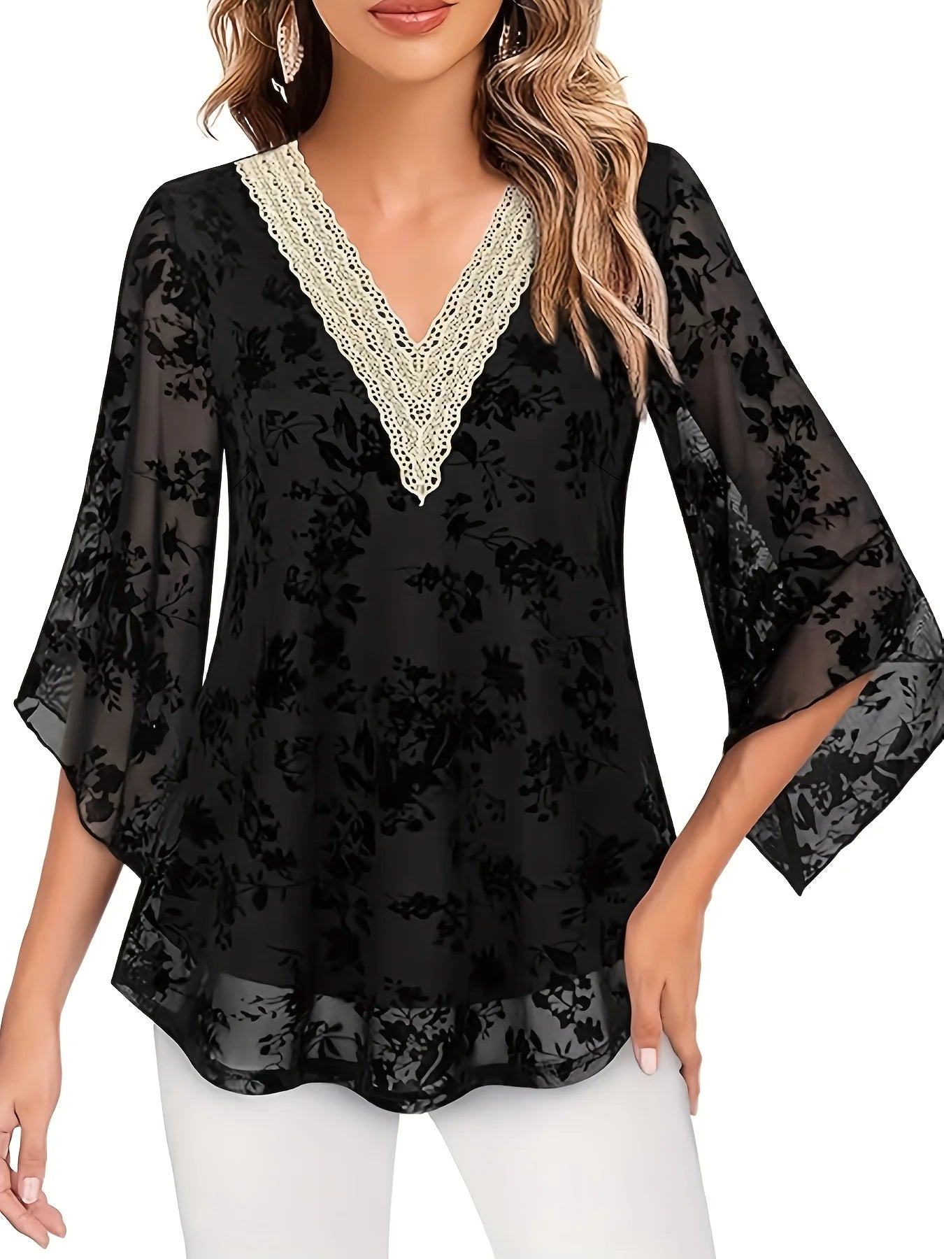 Print Top Plus Size Floral V Neck 3/4 Sleeve