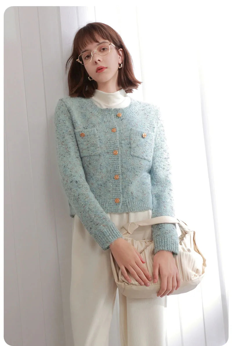 Women Sweet Cardigan Sweaters Vintage Long Sleeve O Neck Design