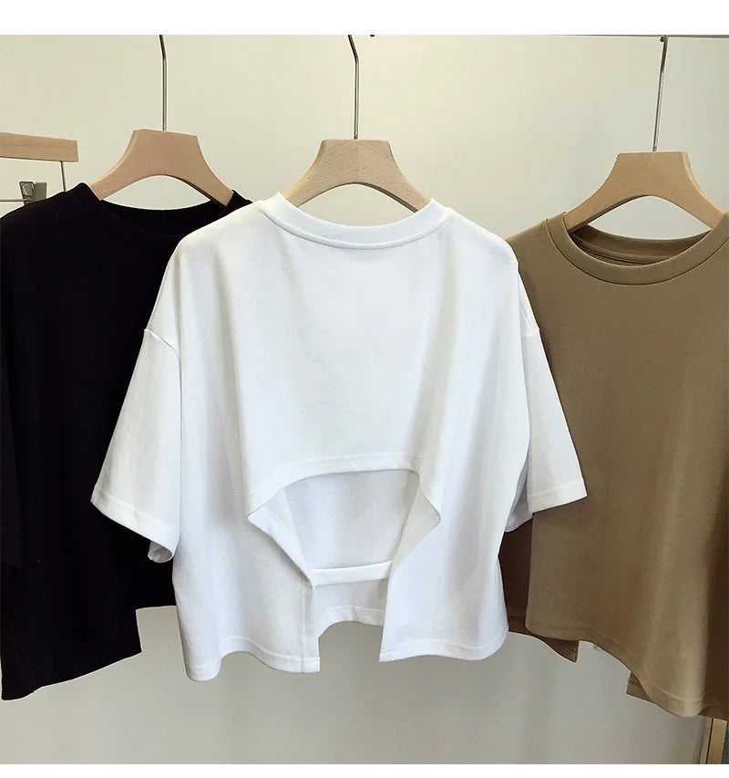 Sexy Backless Short O-Neck Casual Solid Color T-Shirt Short Sleeve
