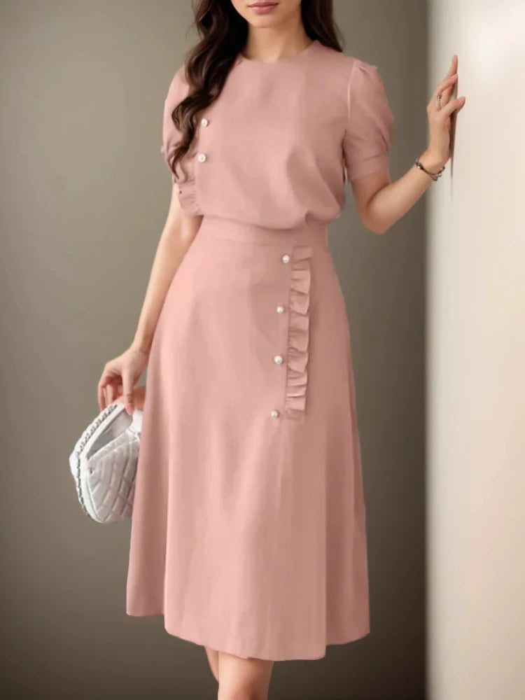 Women 2PCS Dress Sets Short Sleeve Suit Vintage Ruffled Buttons And Long Skirt Sets