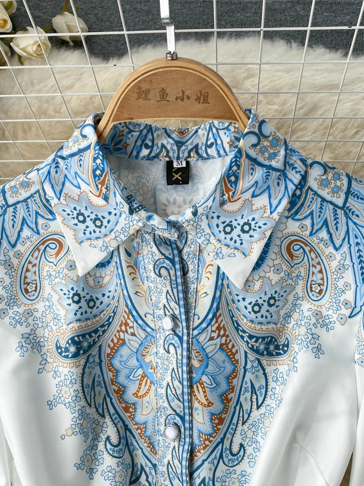 Printed Party Dress Women Polo Collar Long Sleeve