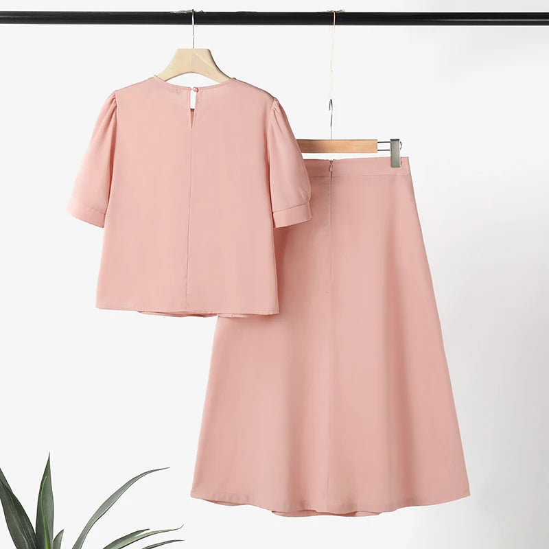 Women 2PCS Dress Sets Short Sleeve Suit Vintage Ruffled Buttons And Long Skirt Sets