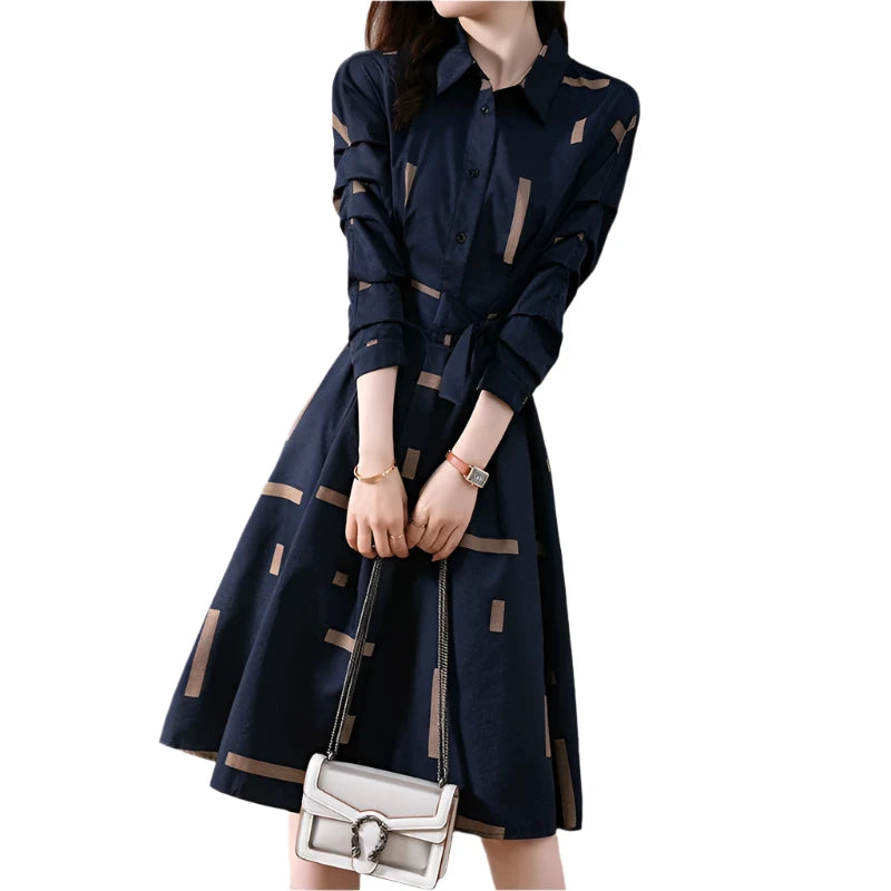 Printed Belt Dresses Spring Long Sleeve Polo-neck