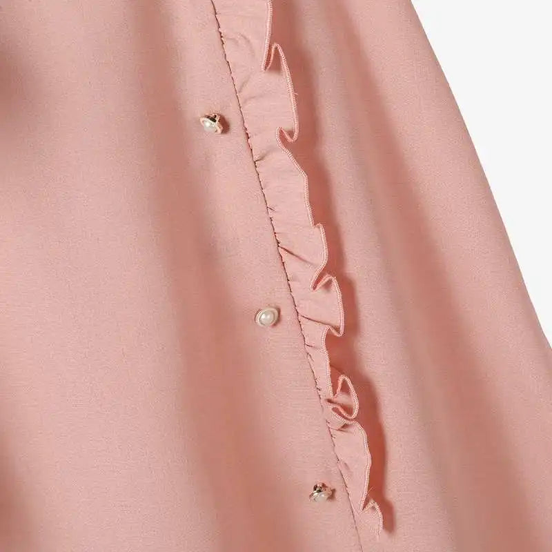 Women 2PCS Dress Sets Short Sleeve Suit Vintage Ruffled Buttons And Long Skirt Sets