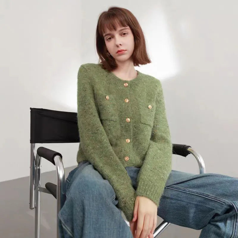 Women Sweet Cardigan Sweaters Vintage Long Sleeve O Neck Design