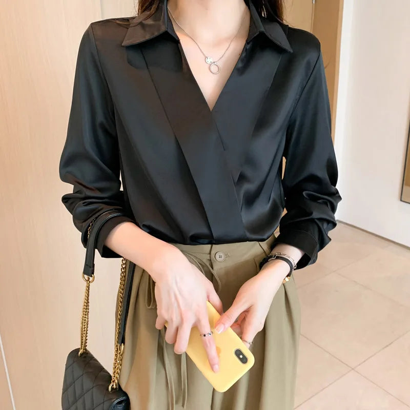 Spring Fashion Solid V-neck Chiffon Shirt Top