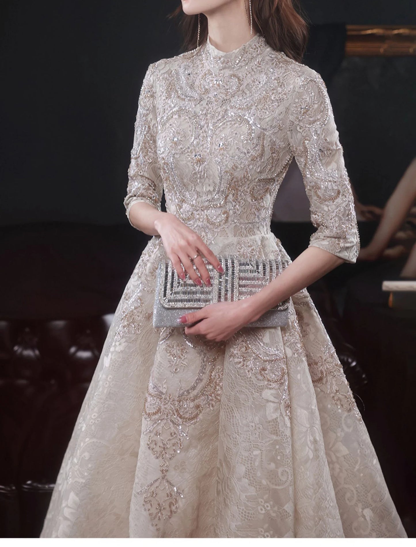 High Neck A-Line Long Wedding Celebrity Luxury Champagne Prom Dresses Half Sleeves