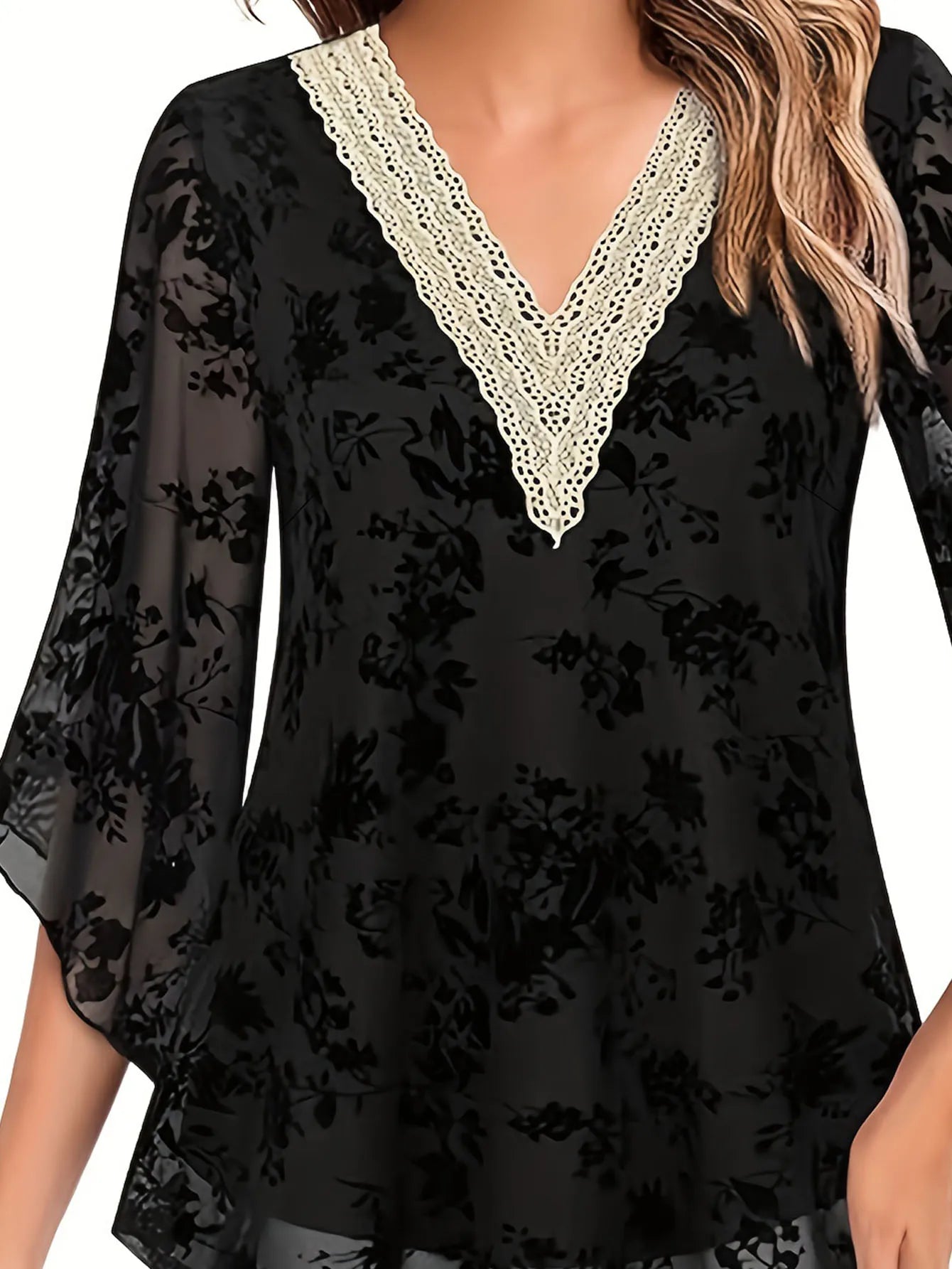 Print Top Plus Size Floral V Neck 3/4 Sleeve