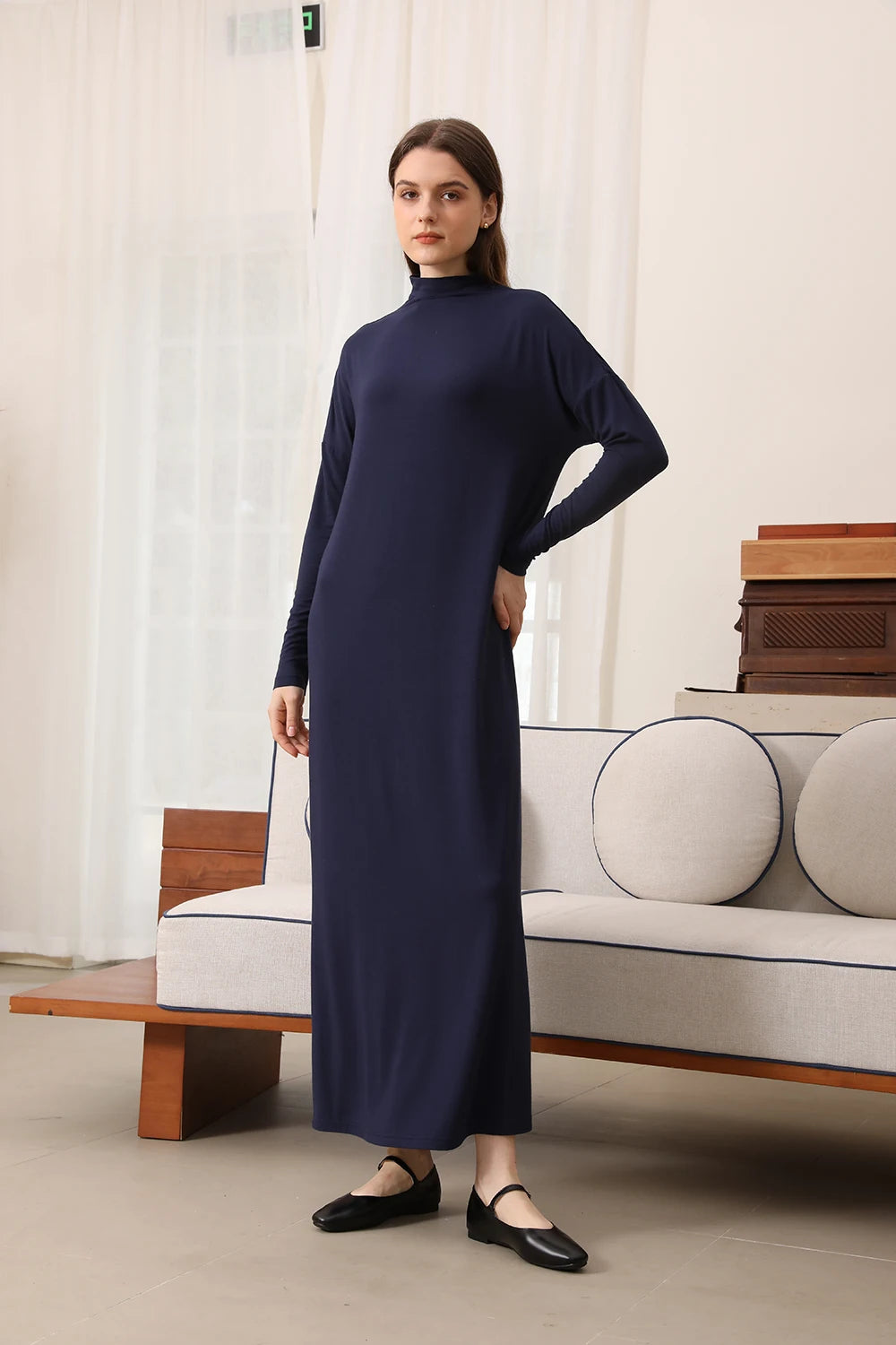 Women Autumn Modal Maxi Dress Batwing Sleeve Soft and Elegant