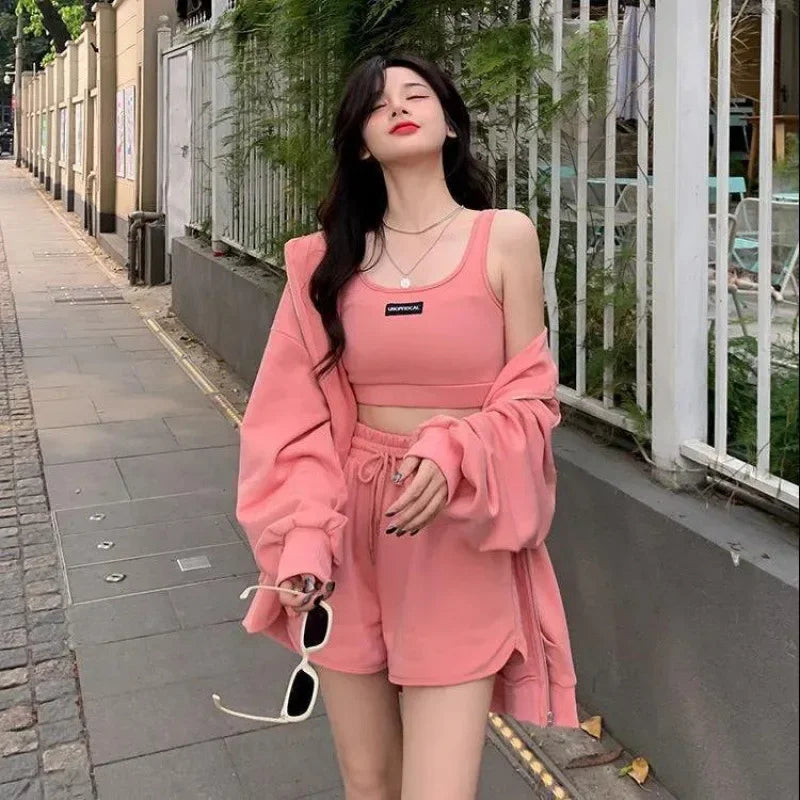 Women's Fashion Suit Hooded Zipper Jacket Thin Loose-fit Pants Vest Three-piece Set